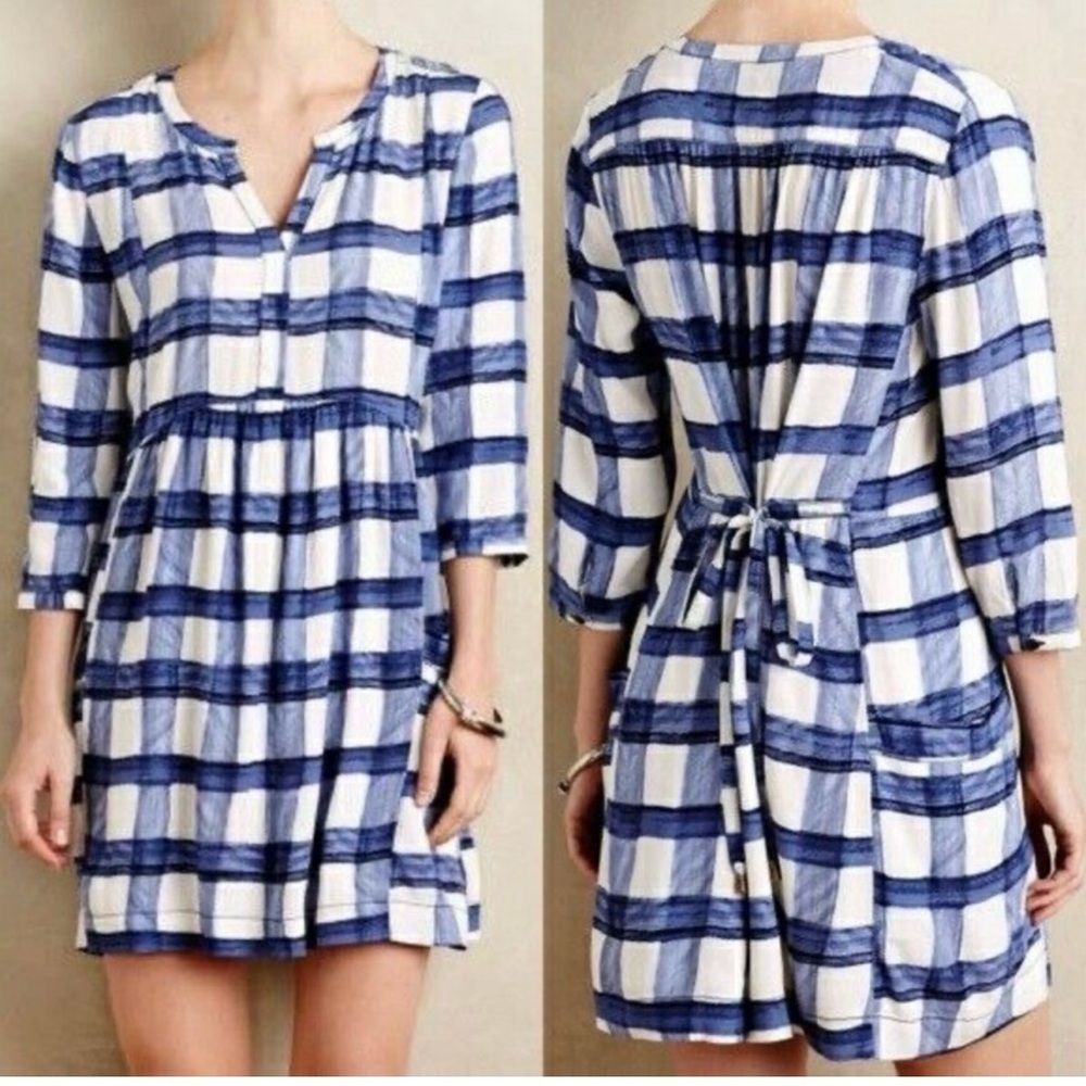 Anthropologie Maeve Devery Blue Plaid Tie Shirt Dress Size Small Pockets